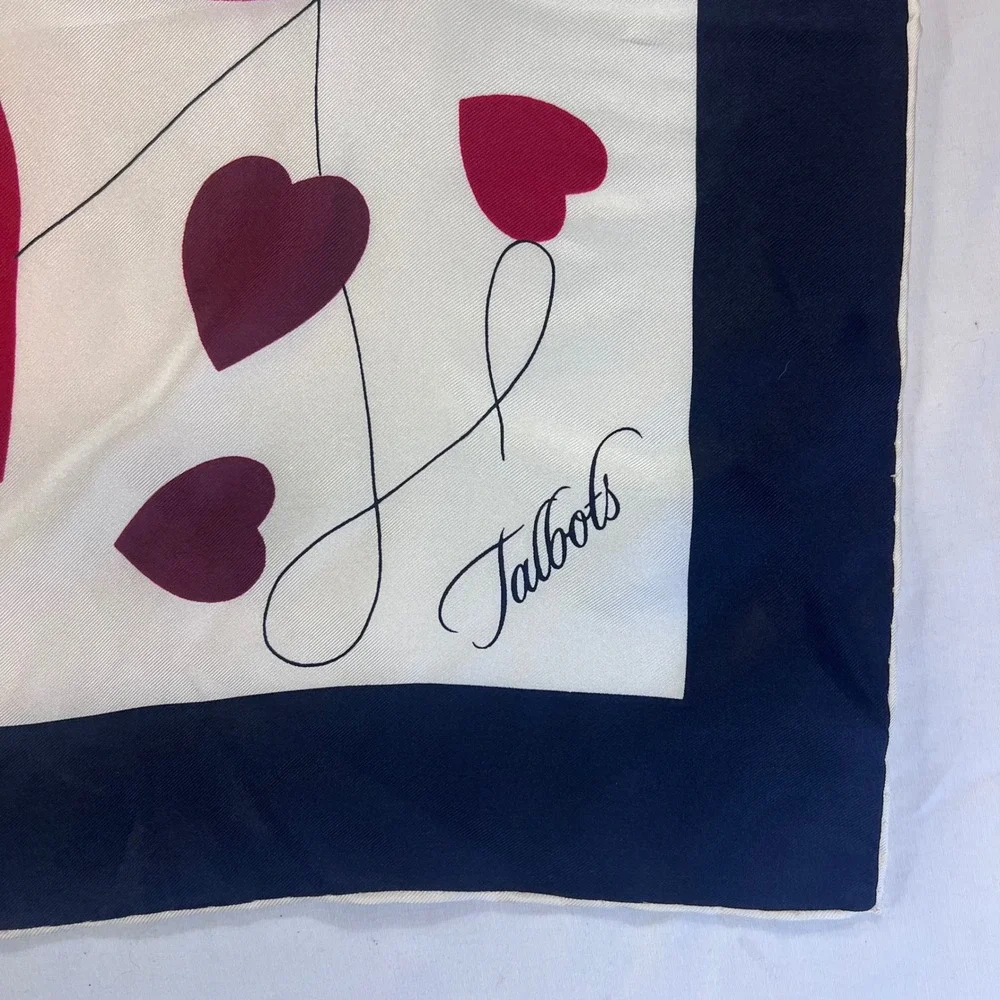 Talbots Silk Scarf NWT I Love You Heart Print Navy Red Cream Square 31x31